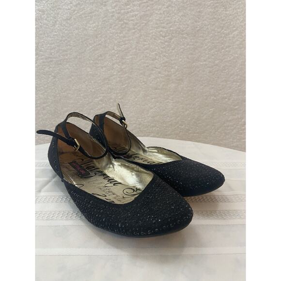 Steve Madden Rhinestone Ankle Strap Classic Flats 8.5 Black Sparkle Glam Chic - Picture 1 of 8